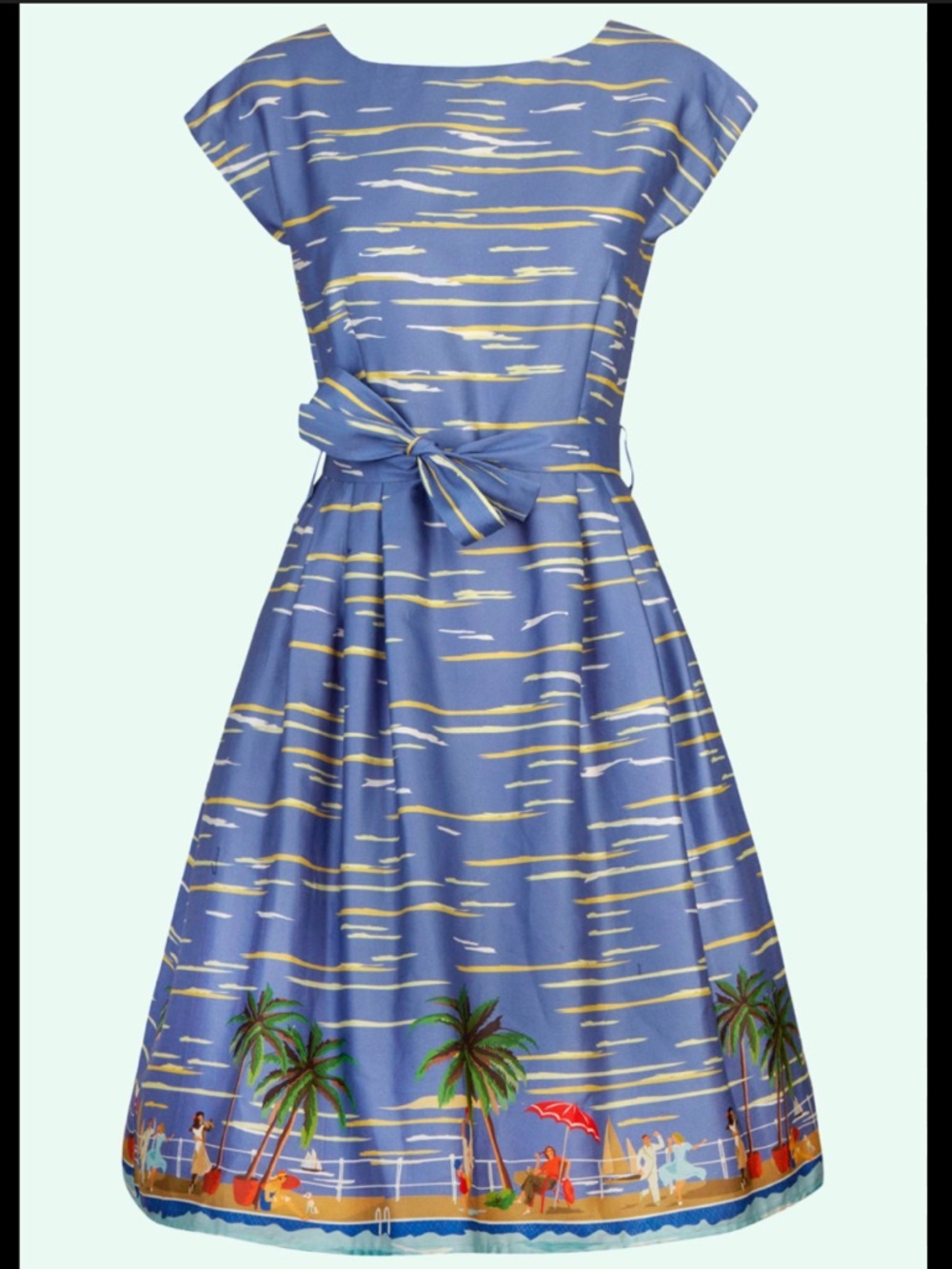 Palava UK Retro Riviera Dress Blue Size 10 Novelty Border Print Organic Cotton - Picture 15 of 15